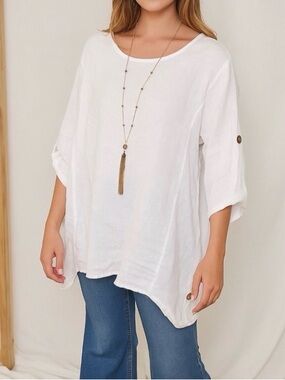 Linen blouse, tunic style,  in white with contrast buttons. approx size large